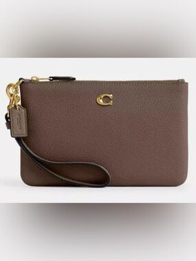Coach Pebbled Leather Wristlet Clutch in Dark Stone  Gold Hardware